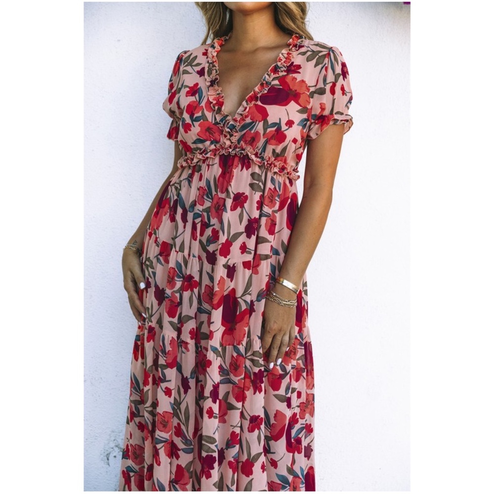 Boho Floral Print V neck Puff Sleeve Maxi Dress - Picture 2 of 3